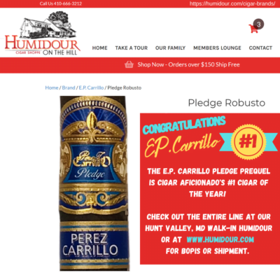 E.P. Carrillo The Pledge Prequel Number 1 Cigar Aficionado Cigar of 2020 available at the Humidour Cigar Shoppe in Hunt Valley, MD